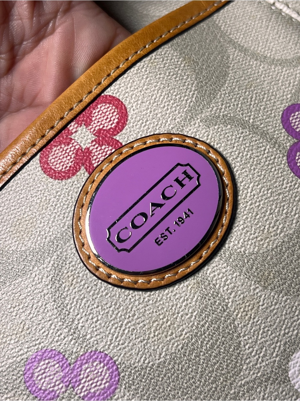 Coach Peyton Signature Canvas Tote in Purple and Pink Floral Print and Tan Trim - Picture 4 of 16